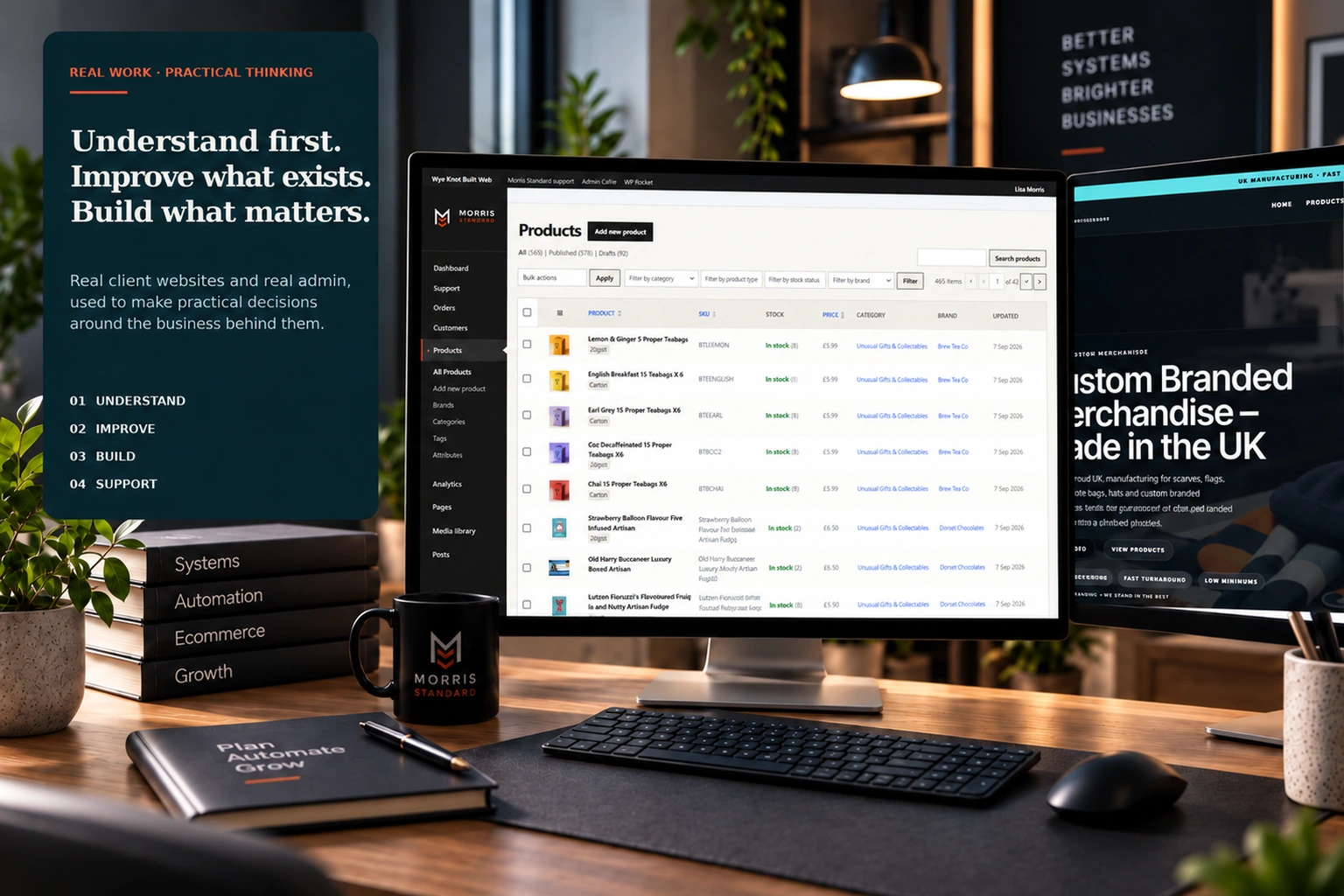 Real Morris Standard working context showing website administration and the Eclipse Merchandise website