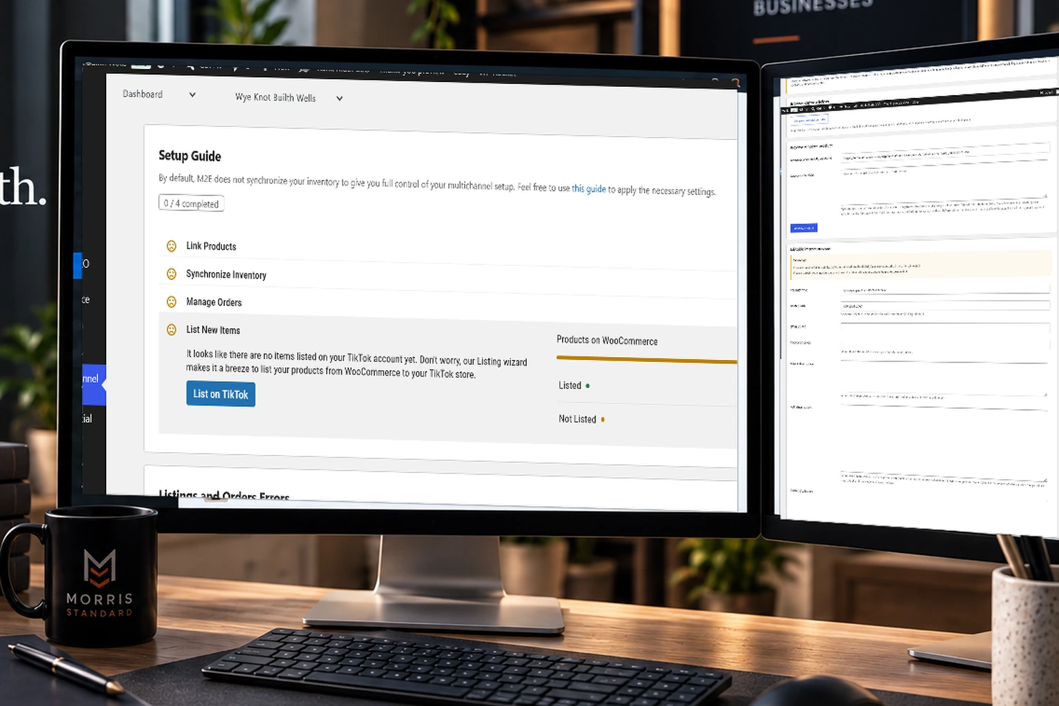 Morris Standard workflow automation scene using genuine Wye Knot multichannel and product-import administration interfaces.