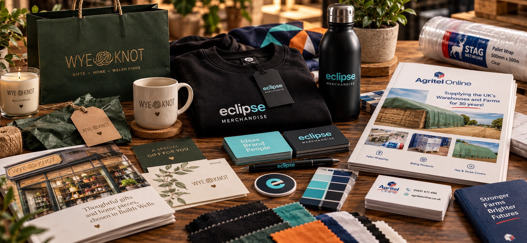 Real brand identity applications for Wye Knot, Eclipse Merchandise and Agritel Online