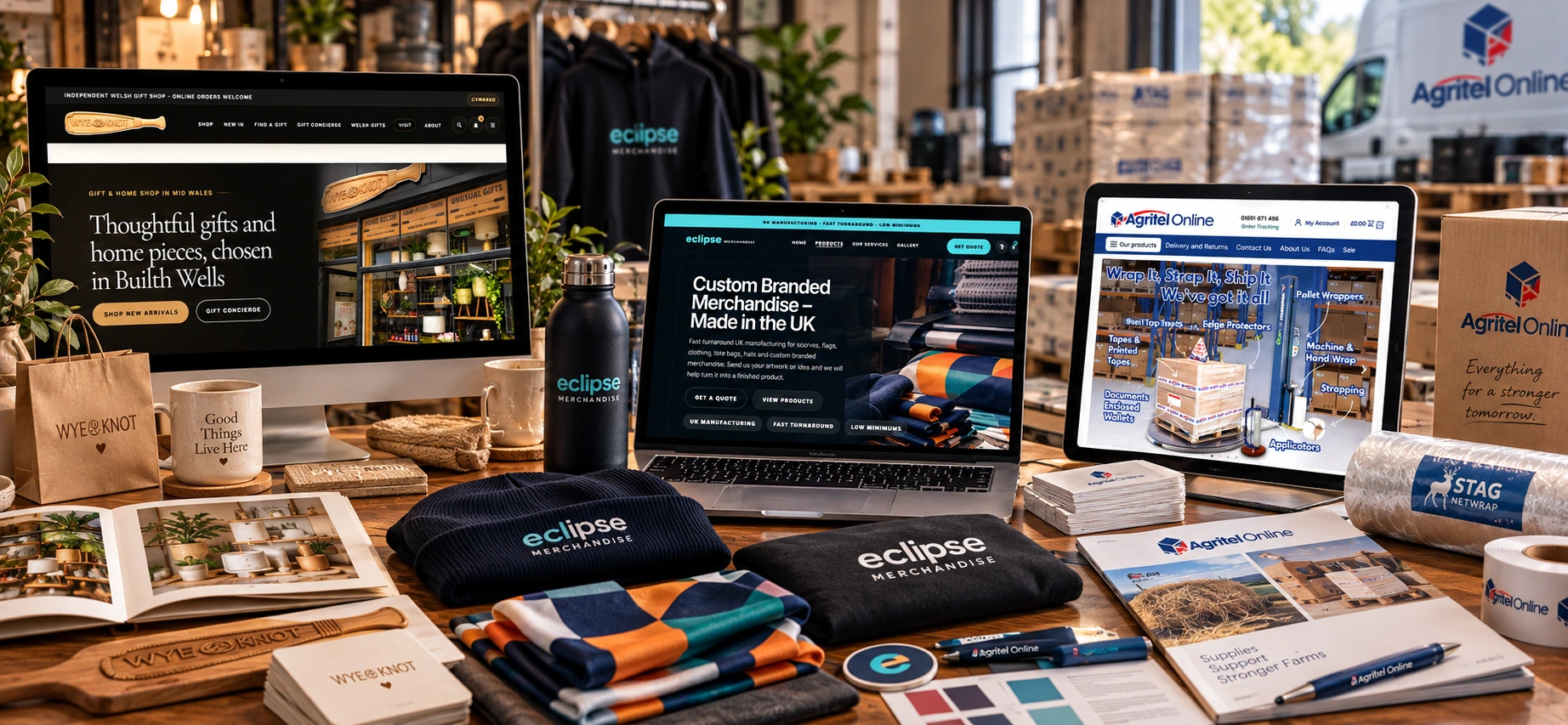 Real launch-ready brand and website assets for Wye Knot, Eclipse Merchandise and Agritel Online