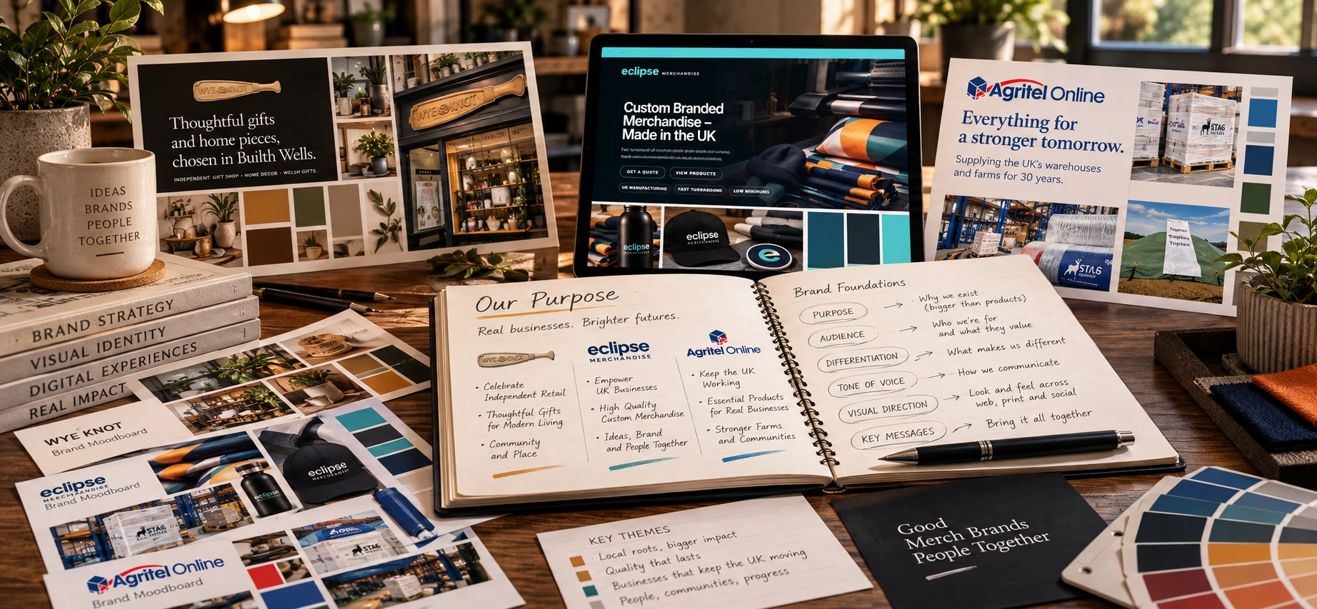 Brand strategy and purpose work shown through real Wye Knot, Eclipse Merchandise and Agritel Online projects