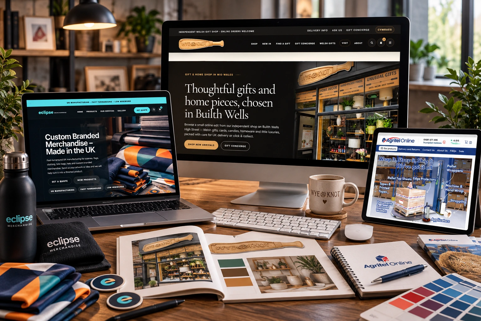 Branding services in Mid Wales shown through real Morris Standard work for Wye Knot, Eclipse Merchandise and Agritel Online
