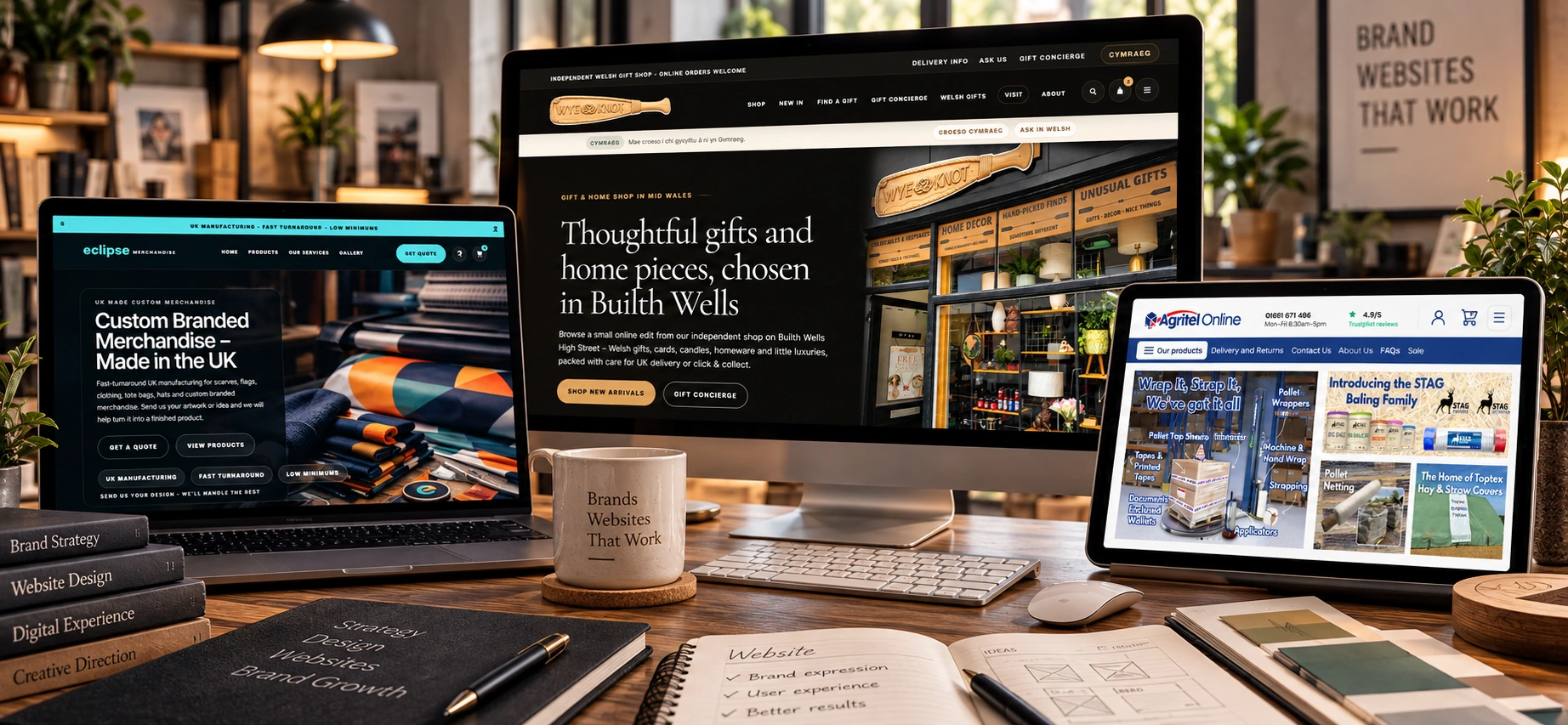 Real Morris Standard websites for Wye Knot, Eclipse Merchandise and Agritel Online shown across desktop and tablet