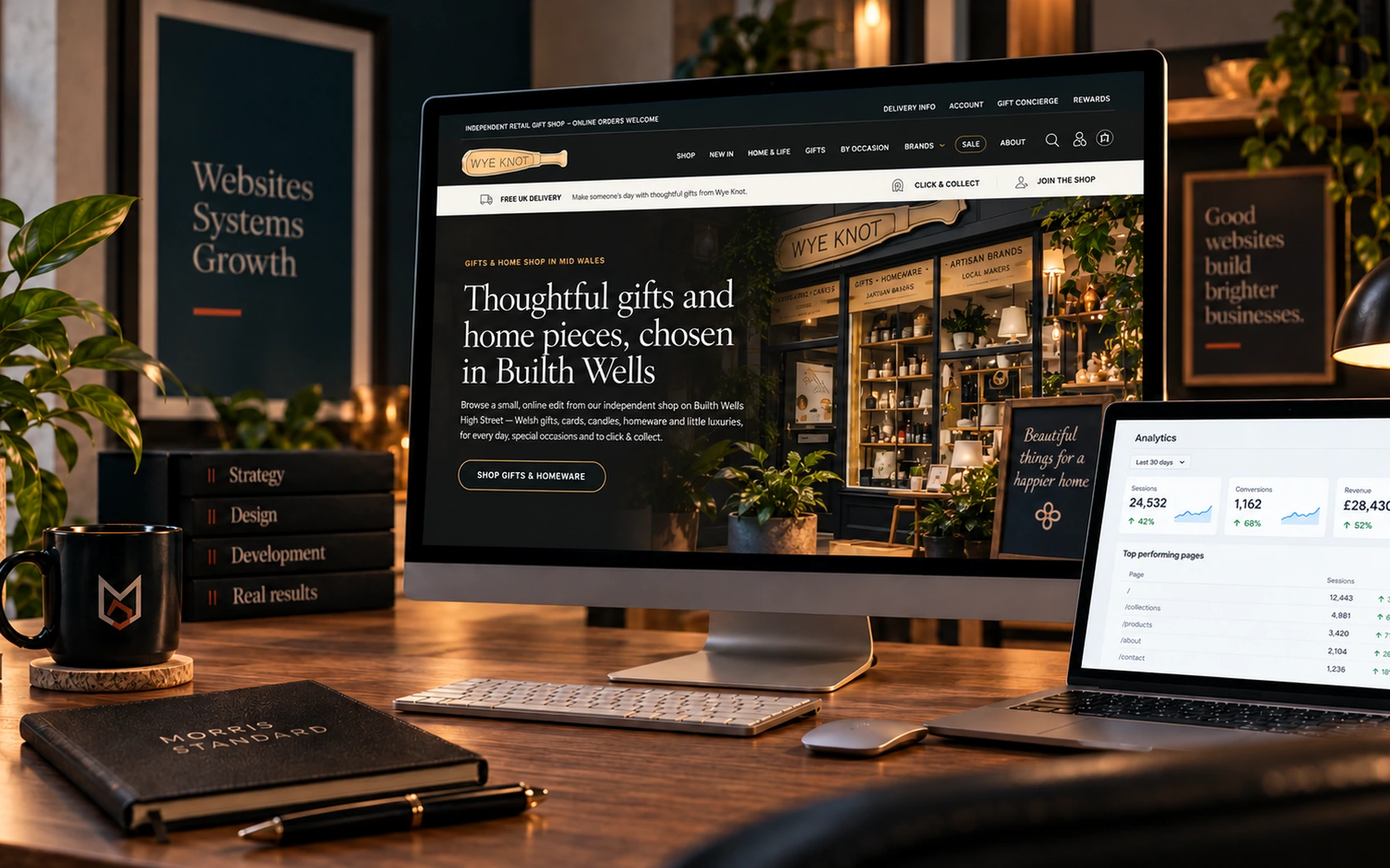 Morris Standard web design case studies in Mid Wales workspace showing the Wye Knot customer website on the main display