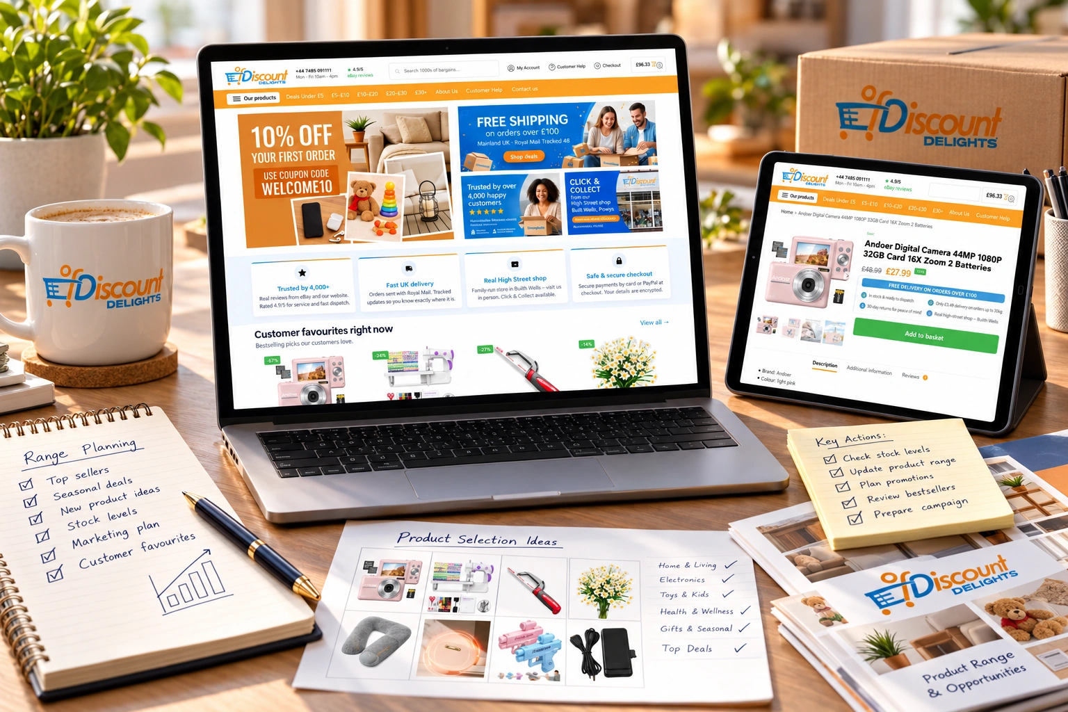 Discount Delights product catalogue and range management with organised categories, merchandising plans and ecommerce product structure