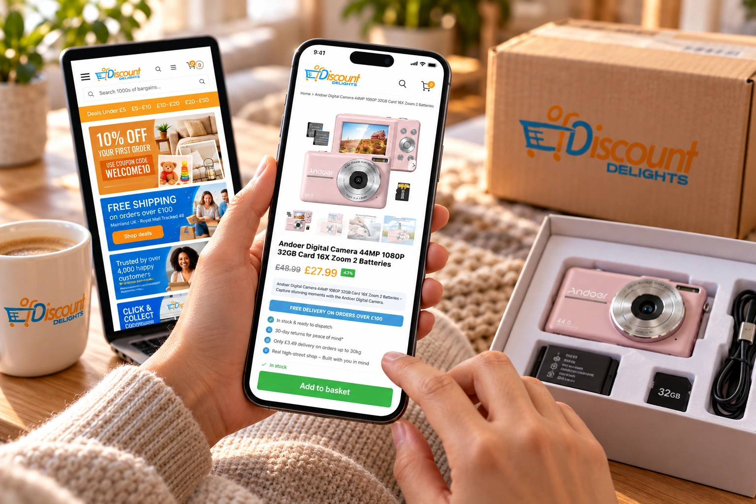 Discount Delights customer shopping journey showing mobile product discovery, buying confidence and home delivery
