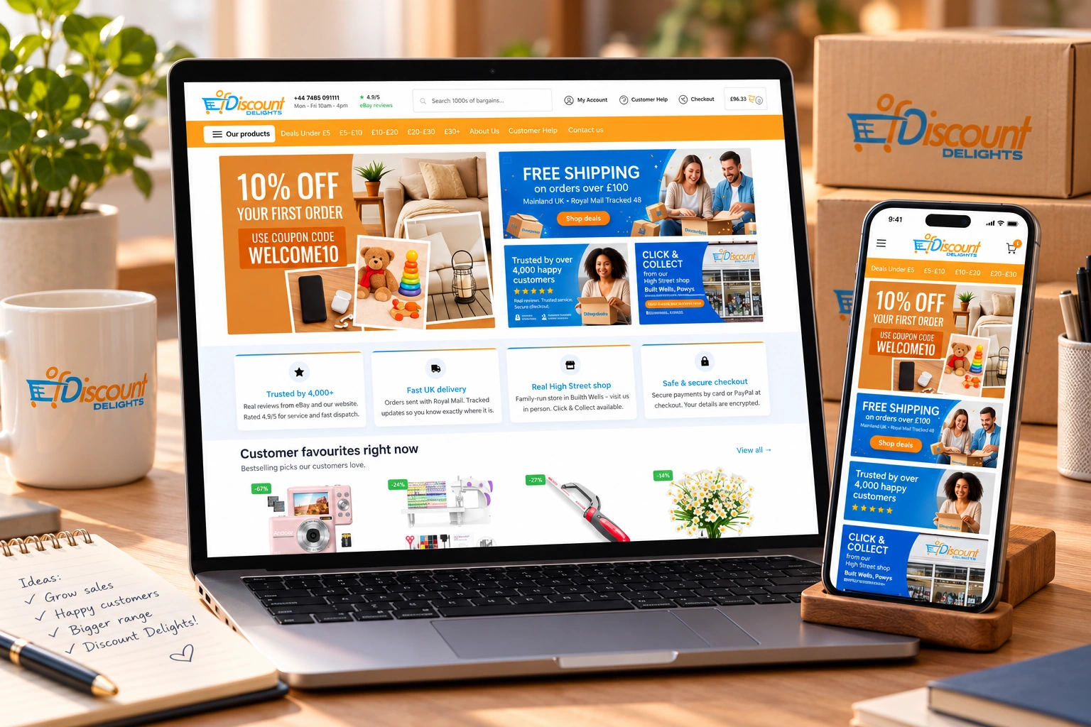 Discount Delights ecommerce operations workspace showing the branded online storefront on desktop and mobile alongside packing and fulfilment activity