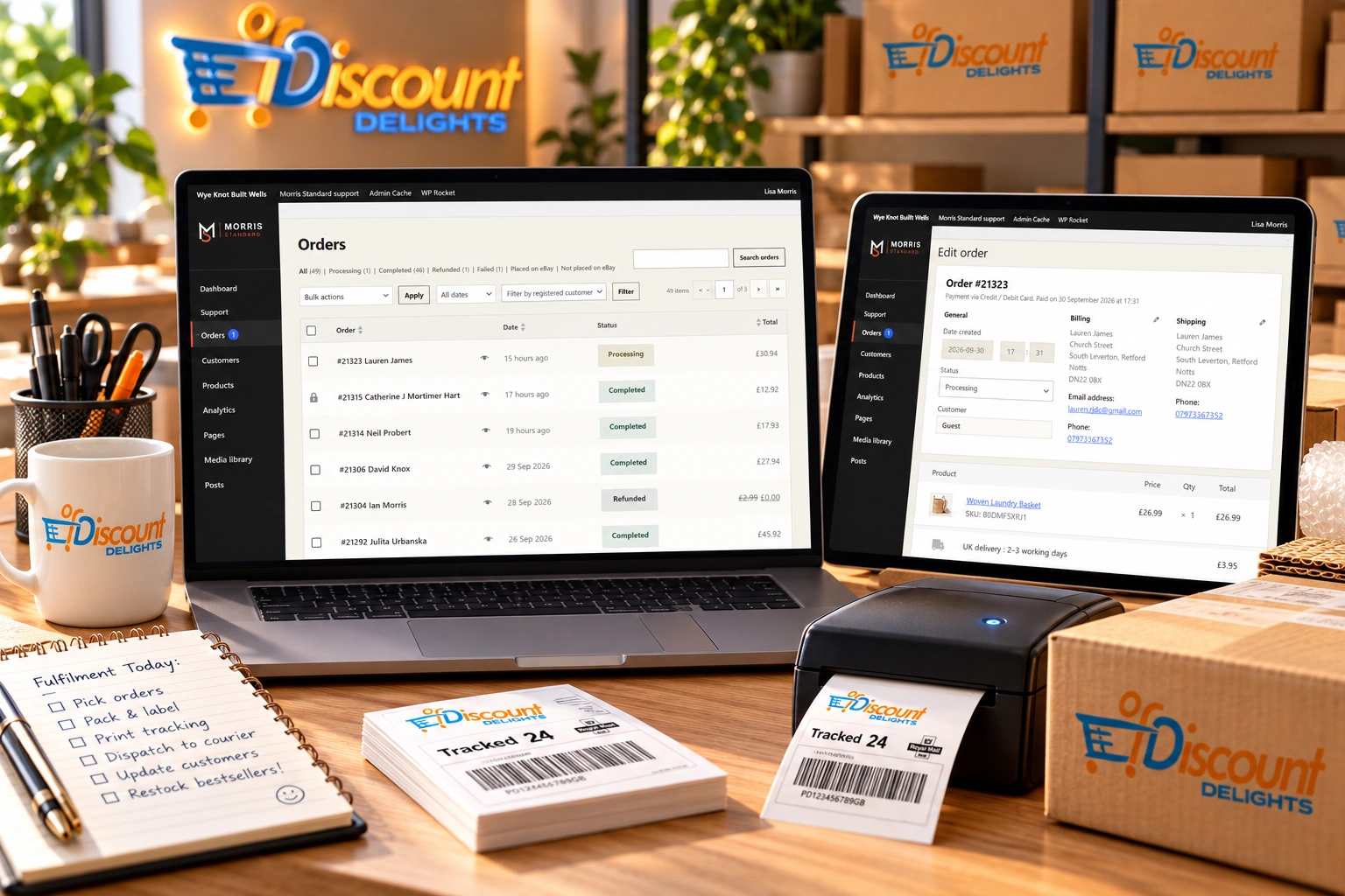 Discount Delights operations and fulfilment showing order management, branded parcels, dispatch labels and warehouse workflow