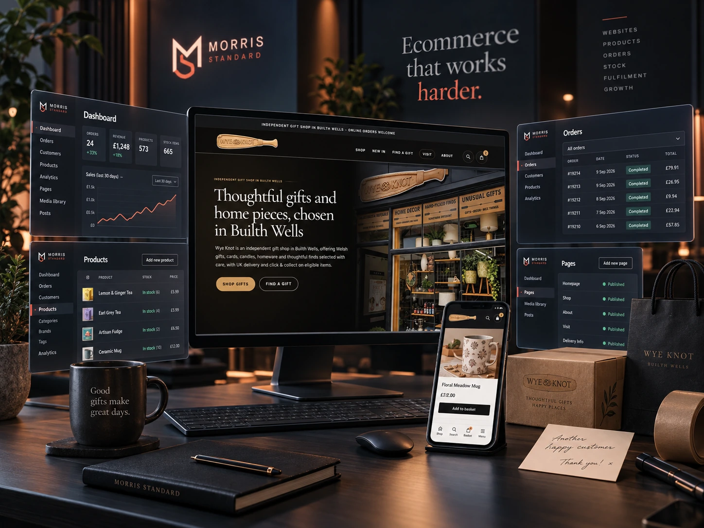 Ecommerce web design in Mid Wales shown through the Wye Knot storefront with product, stock, order and fulfilment administration