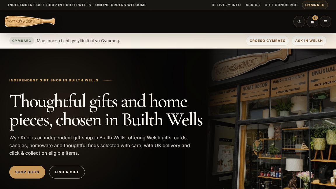 Current Wye Knot homepage showing the Builth Wells shop positioning, navigation and customer-facing storefront