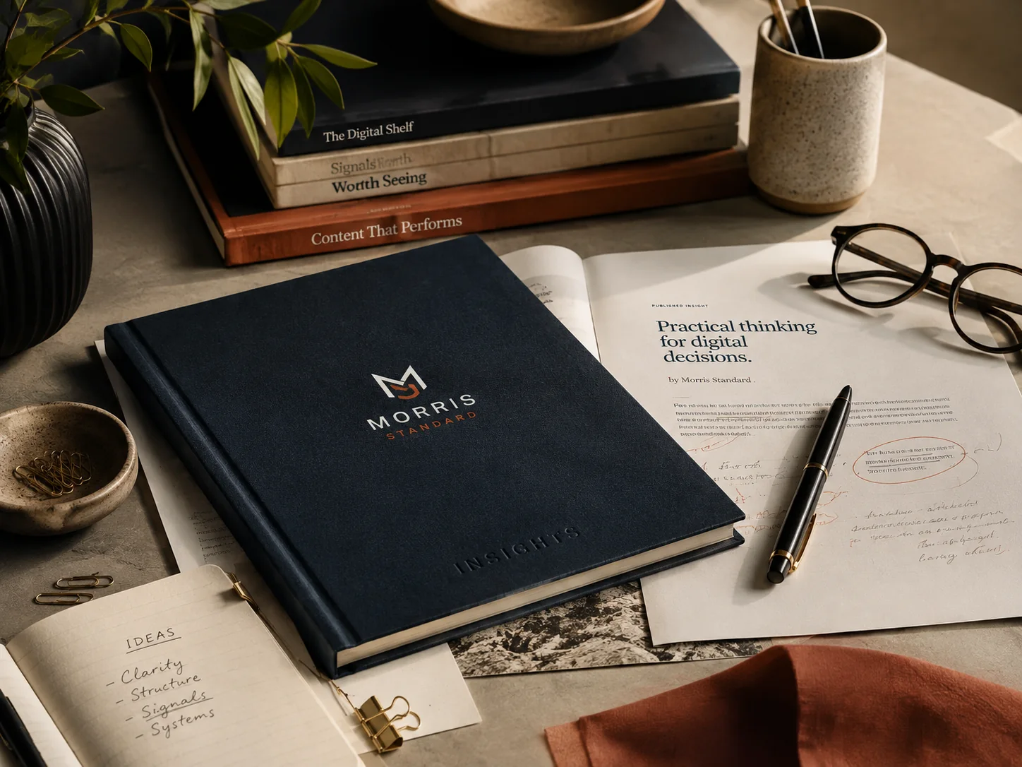 Web design and ecommerce insights journal from Morris Standard with annotated digital-strategy notes