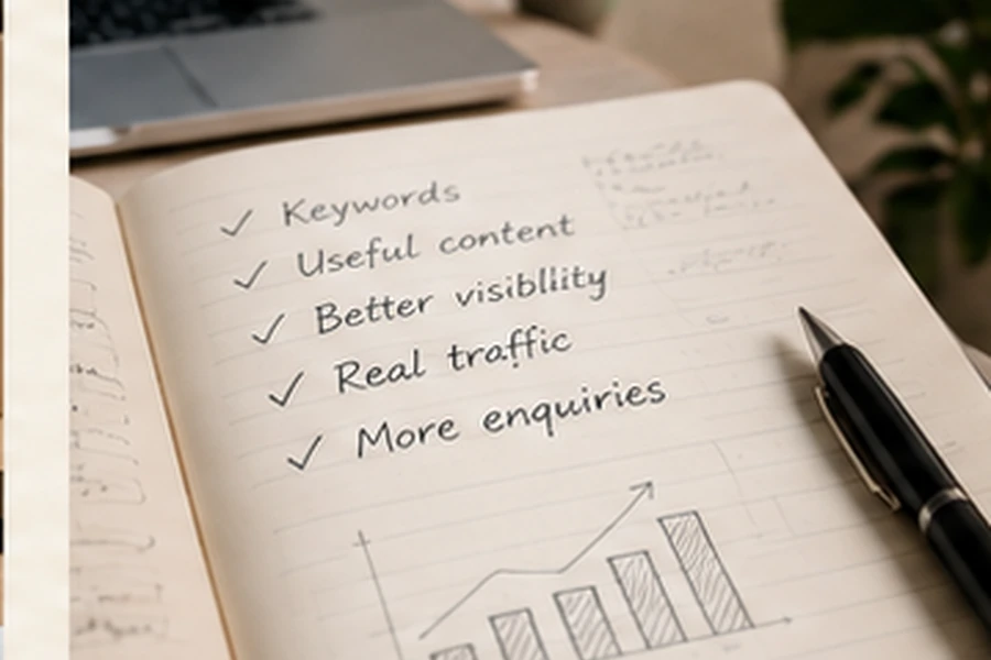 Search and content planning notes with keywords and performance ideas