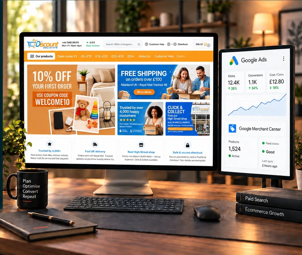 PPC management in Mid Wales workspace showing the real Discount Delights storefront with Google Ads and Merchant Center campaign context