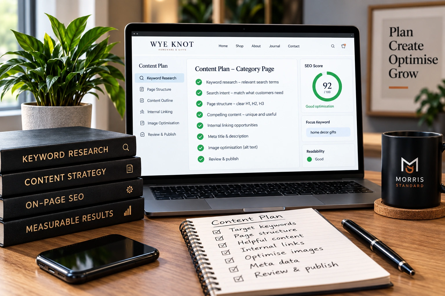 Sharp content-planning workspace showing keyword research, page structure, internal linking, image optimisation and editorial SEO tasks