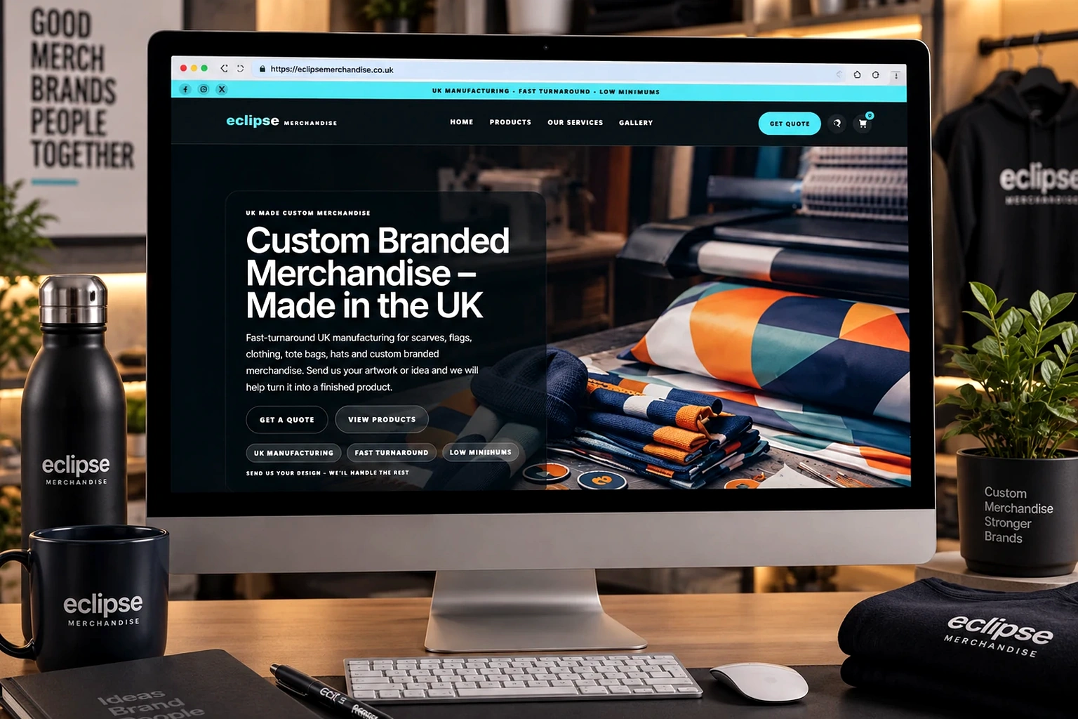 Websites for service businesses in Mid Wales shown through the real Eclipse Merchandise website in a premium workspace with a clear Get Quote route