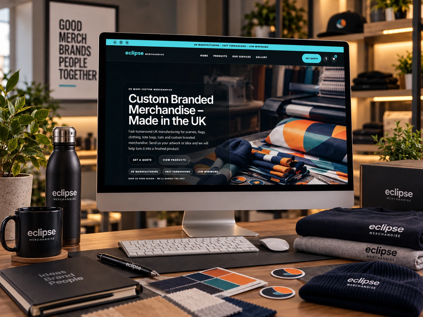 Websites for service businesses in Mid Wales shown through the real Eclipse Merchandise website in a premium workspace with a clear Get Quote route
