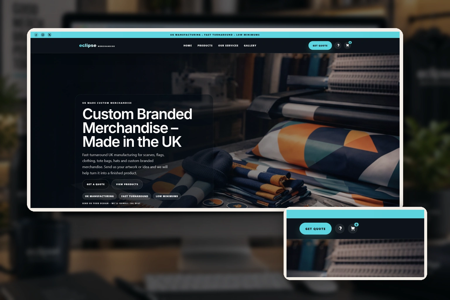 The real Eclipse Merchandise website showing its service message and prominent Get Quote route as evidence of a clear service-business journey