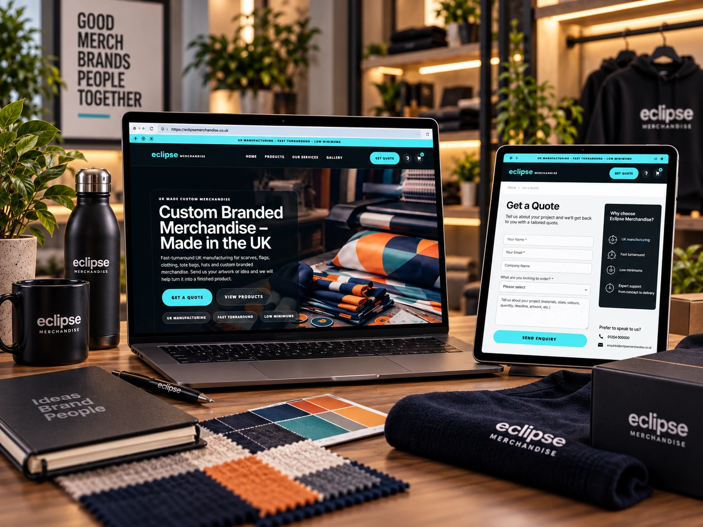 The real Eclipse Merchandise website showing its service message and prominent Get Quote route as evidence of a clear service-business journey