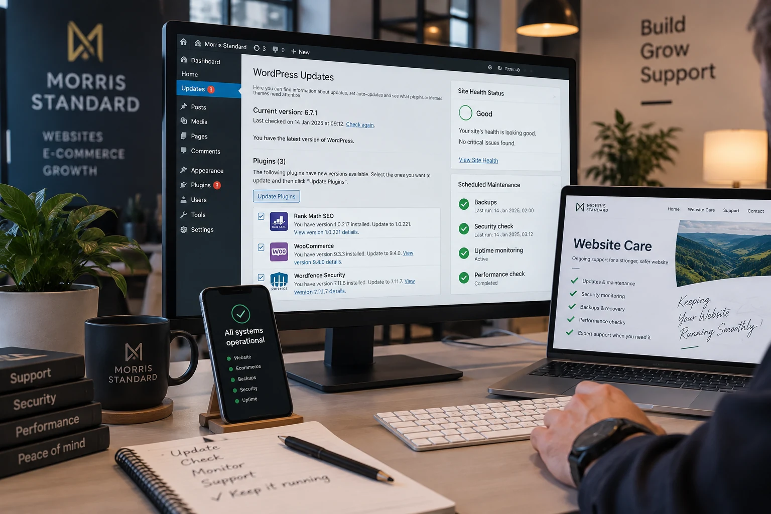 Website care workspace showing WordPress updates, site health, backups, security and ongoing support