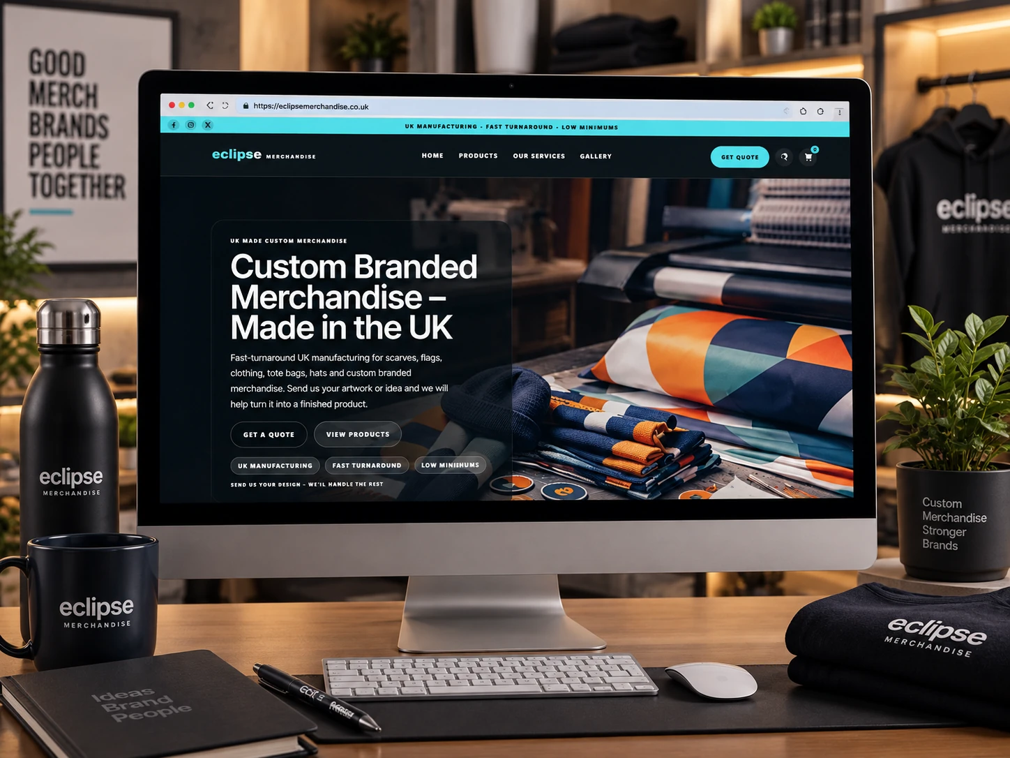 Eclipse Merchandise real website shown in a branded merchandise workspace