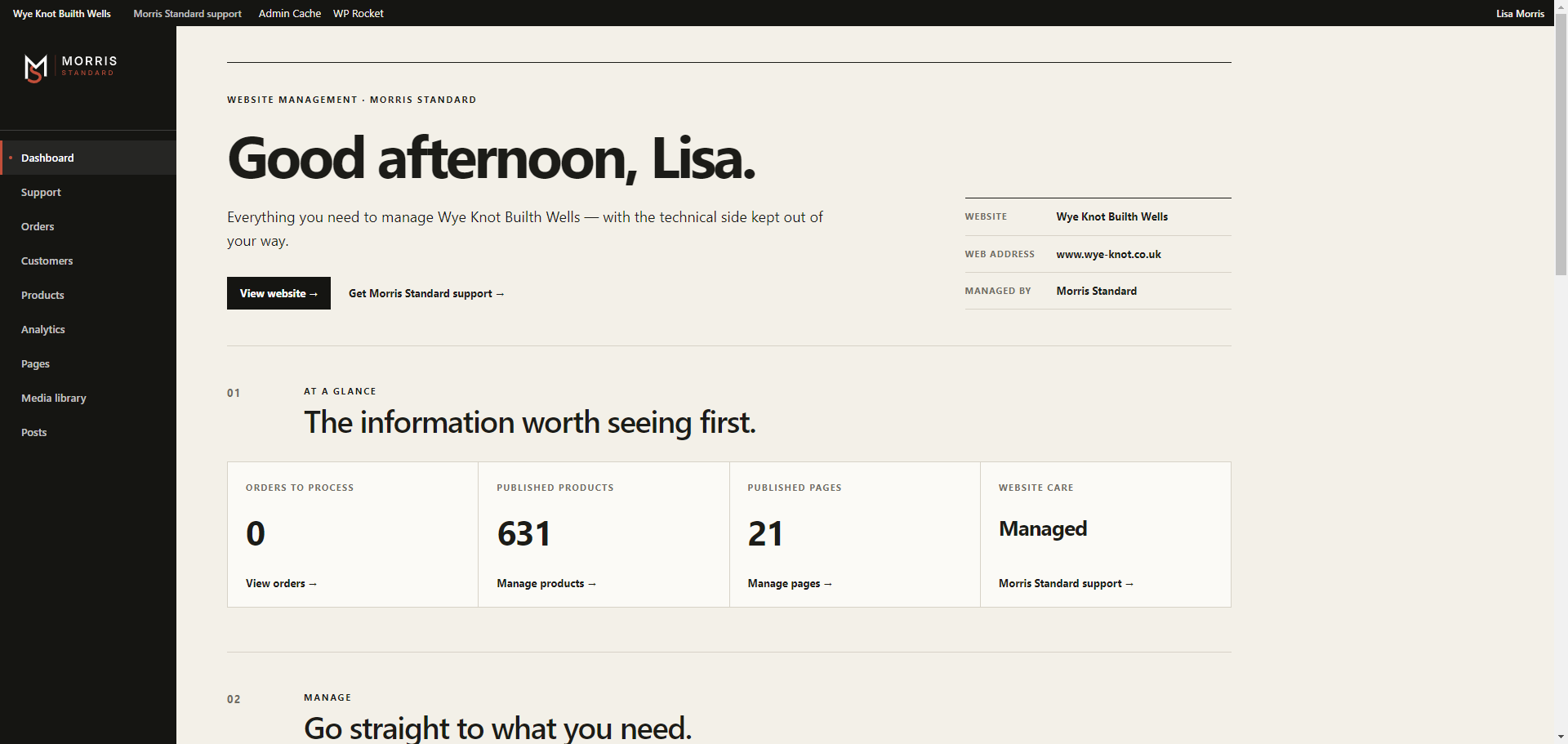 Real Morris Standard management dashboard for Wye Knot showing website care status and live site management information