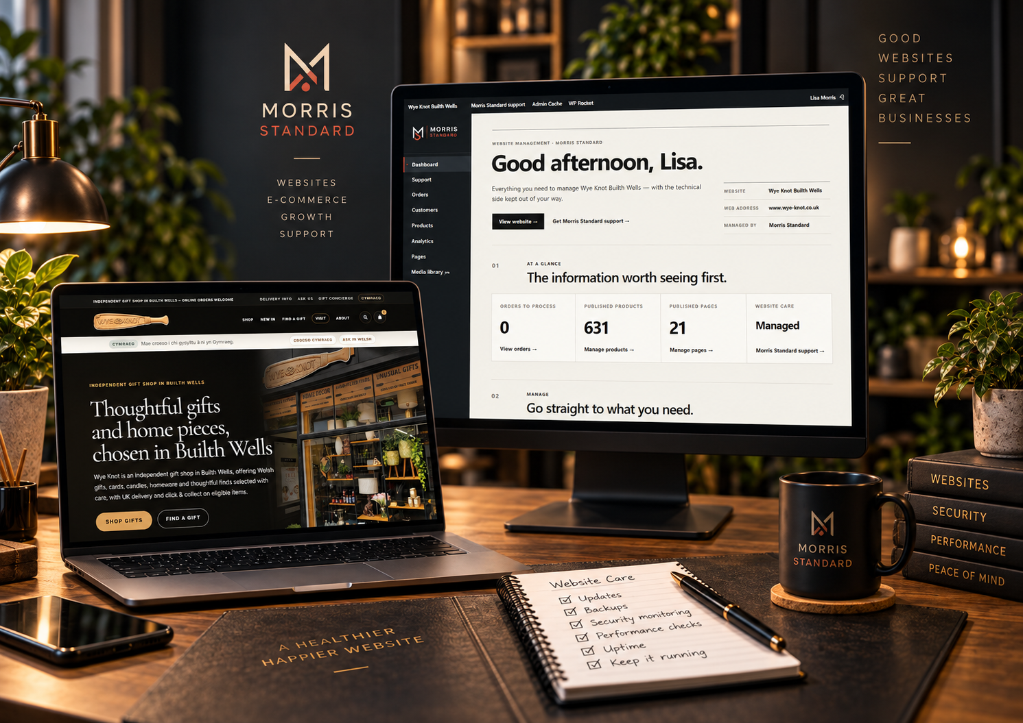 Website maintenance in Mid Wales showing WordPress updates, site health and the Wye Knot website