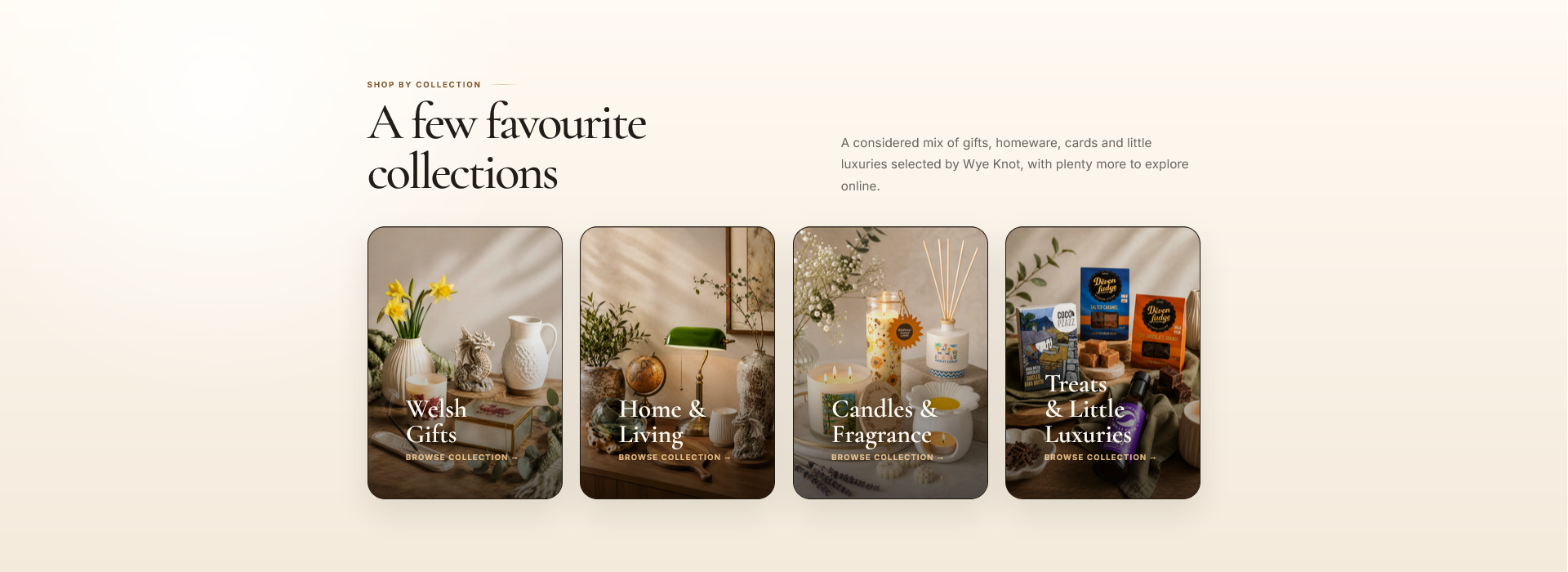 Wye Knot desktop collection section showing Welsh Gifts, Home and Living, Candles and Fragrance, and Treats and Little Luxuries