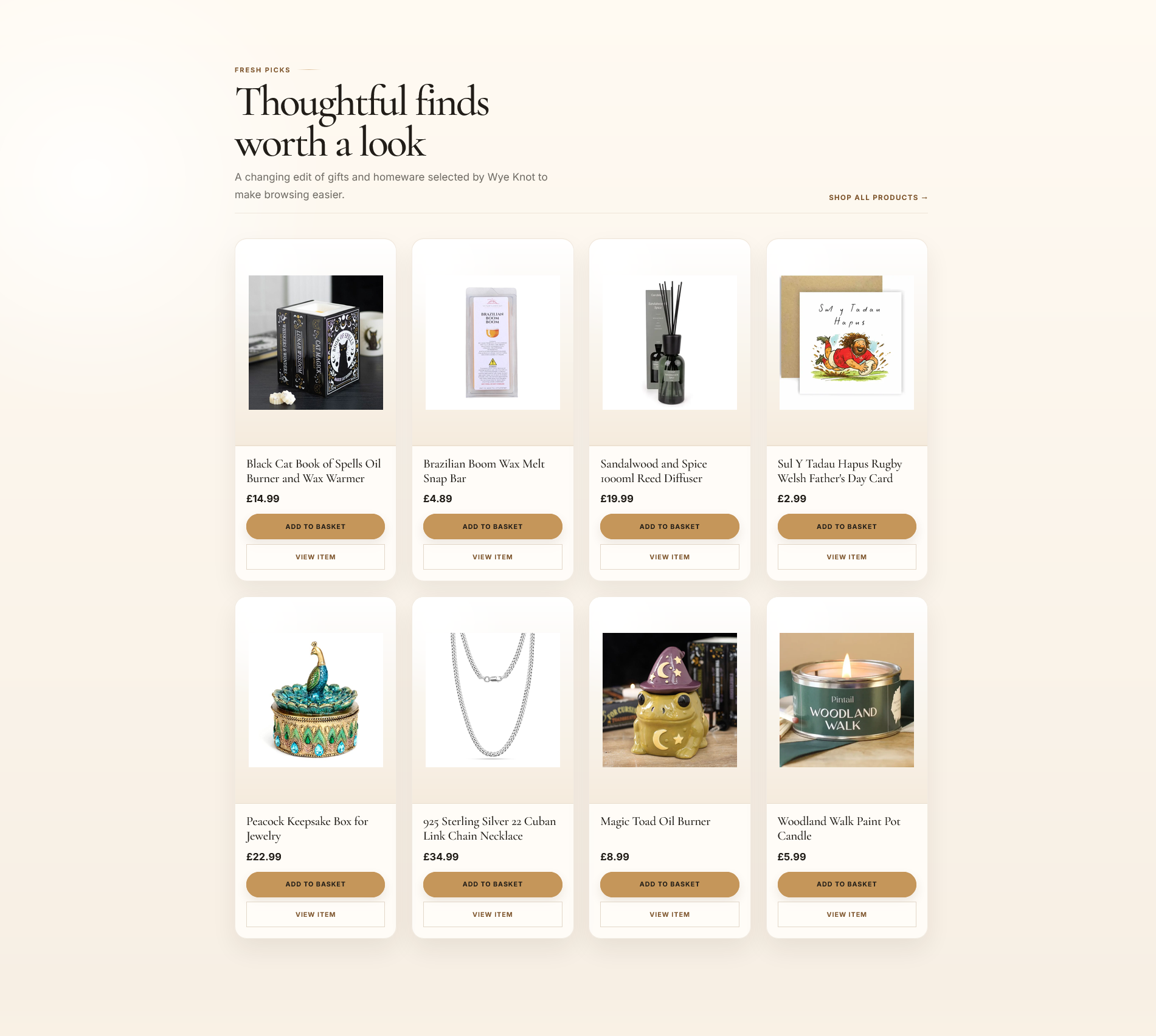 Wye Knot desktop product grid showing consistent product imagery, pricing and buying actions